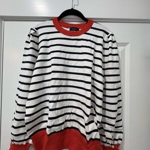 Striped Puff Sleeve Crewneck Sweater with Red Accents